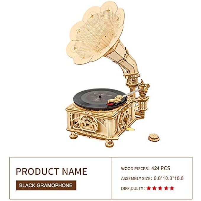 3D WOODEN PUZZLES GRAMOPHONE FOR ADULTS - DIY MECHANICAL MODEL KIT 1:1 REPLICA RECORD PLAYER SUPPORT 7"/10" VINYL BUILDING GIFT HOBBIES FOR ADULTS HOME DECOR - Image 4